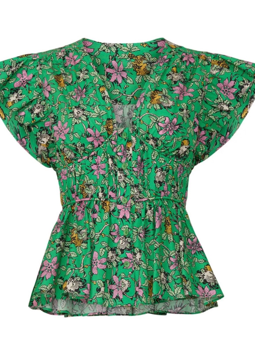 Derek Lam 10 Crosby Green Floral Peplum Style Button Down Top / Size: 0